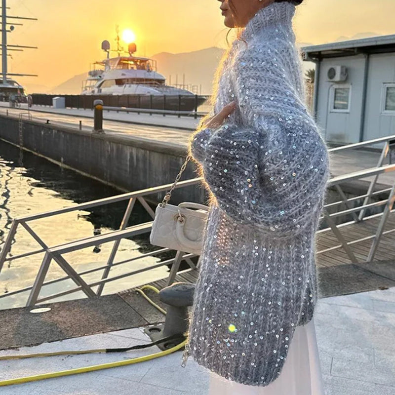 スパンコール付きの単色ニットセーター